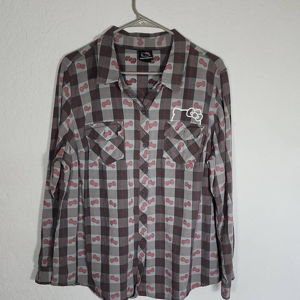 Hello Kitty Gray Sanrio Plaid Button-Up Shirt Women Plus 2X 100% Cotton